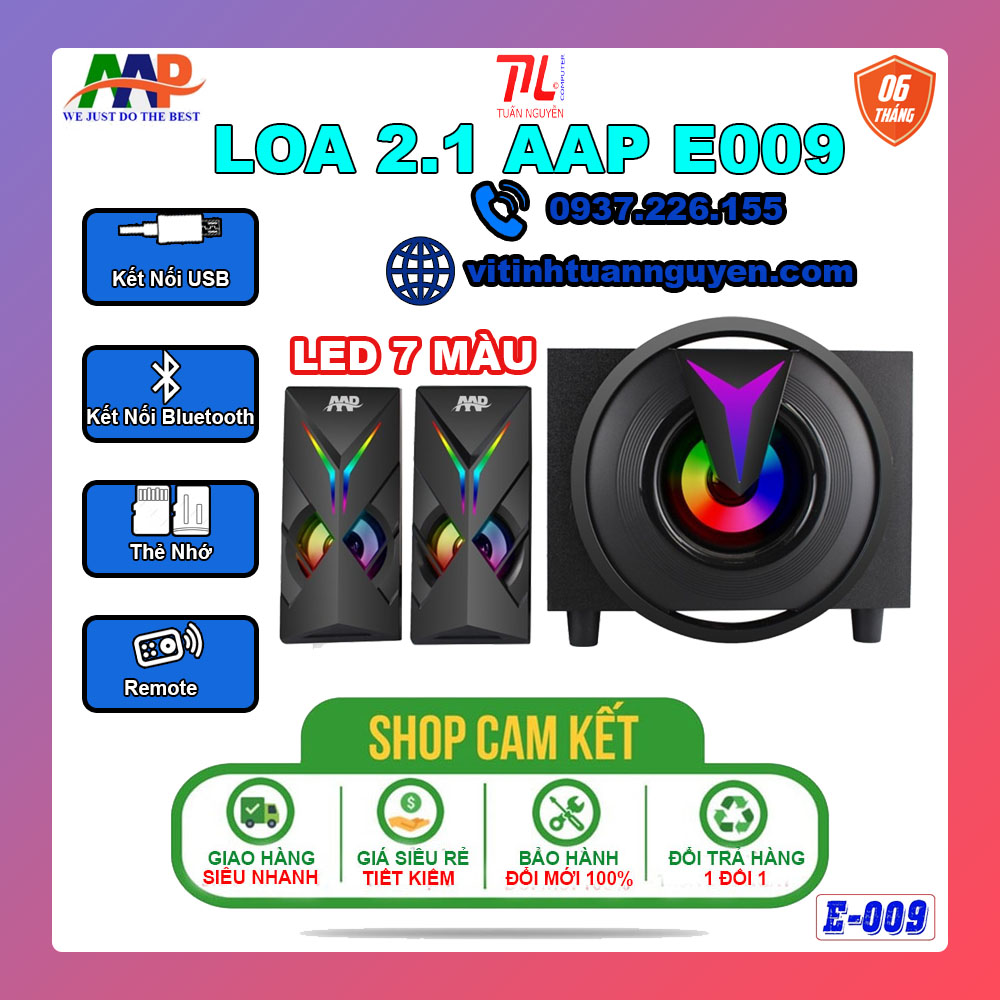 Loa 2.1 AAP E009 Led Chính Hãng (AUX, Bluetooth, USB, Thẻ Nhớ, FM, Remote)